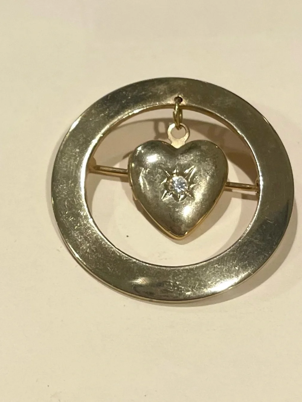 Vintage Gold Heart Locket with Starburst Diamond Flake-Circle Brooch